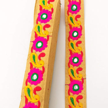 Beige Floral Mirrored Trim With Fuchsia Pink Flowers And Yellow Paisley Embroidery, Decorative Trimming, Trim By 3 Yards